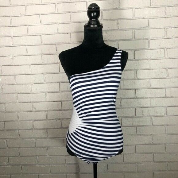 French Connection OneShoulder Navy Stripe Swimsuit - Picture 1 of 8